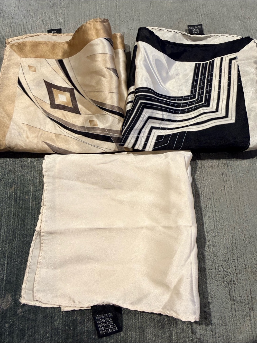 Vintage, Hand Made, 100% Silk Pocket Squares, Set of 3, Handkerchiefs or Scarves